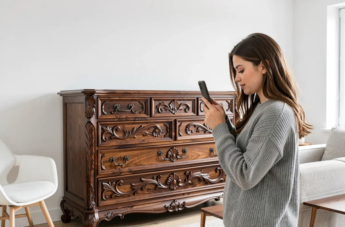Jeune femme photographiant les détails sculptés d'une commode ancienne en noyer pour évaluer sa valeur en ligne