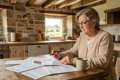 Femme senior consultant des documents fiscaux dans une résidence secondaire en pierre à la campagne