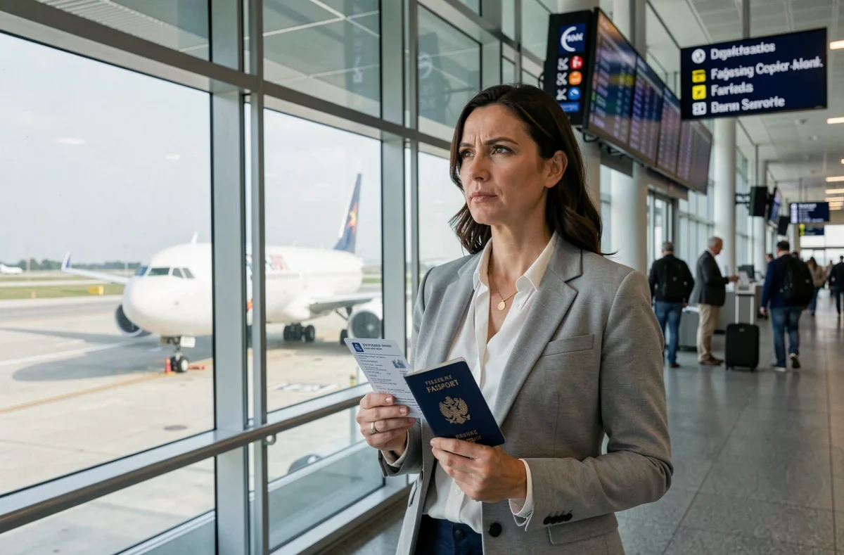 Une femme tenant un passeport français et une carte d'embarquement dans un terminal d'aéroport international, évoquant une expatriation fiscale