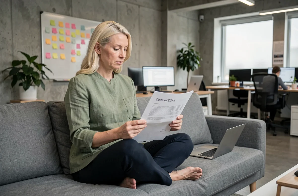 Femme experte en éthique consultant un rapport dans un espace de travail moderne de type ONG ou think tank