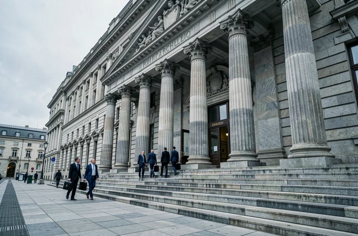 Façade néoclassique d'une banque centrale européenne avec des professionnels en costume marchant sur les marches