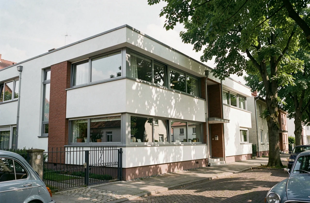 Façade architecturale de style Bauhaus années 1950 en Europe, avec fenêtres horizontales et lignes géométriques pures succédant à l'art déco