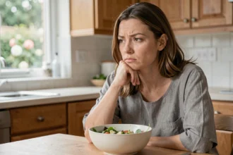 Femme assise devant un bol de salade à moitié mangé, exprimant la confusion entre la faim physique et l'envie de manger