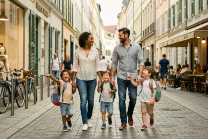 Famille expatriée avec enfants se promenant dans une ville européenne accueillante pour les familles