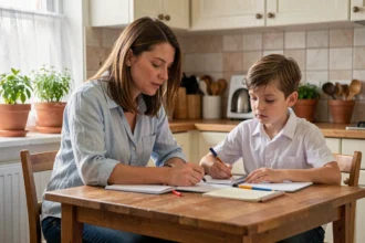 Mère célibataire aidant son fils aux devoirs dans une cuisine chaleureuse, illustrant la famille monoparentale maternelle