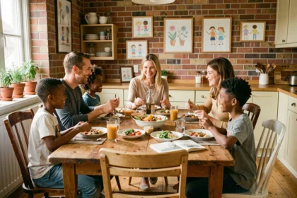 Famille recomposée réunie autour d'un repas convivial, parents et enfants souriants autour d'une grande table en bois