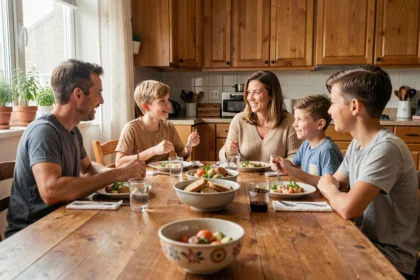 Famille recomposée réunie autour d'un repas convivial, parents et enfants d'âges différents partageant un moment chaleureux à la maison