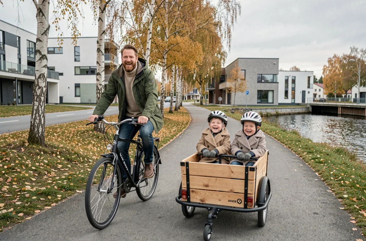 Père expatrié avec enfants à vélo cargo dans une ville nordique en automne