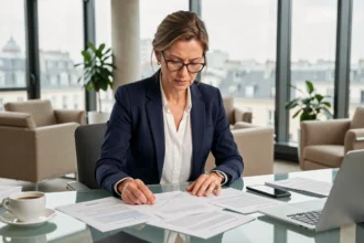 Femme d'affaires analysant des documents financiers liés aux meilleures SCPI rentables dans un bureau moderne