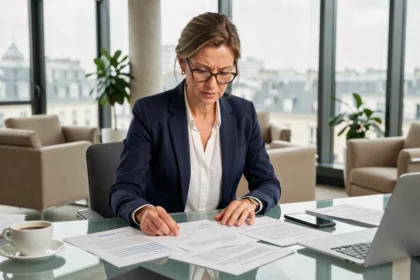 Femme d'affaires analysant des documents financiers liés aux meilleures SCPI rentables dans un bureau moderne