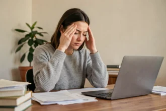 Femme stressée assise à un bureau, les mains sur les tempes, illustrant l'anxiété cognitive au quotidien