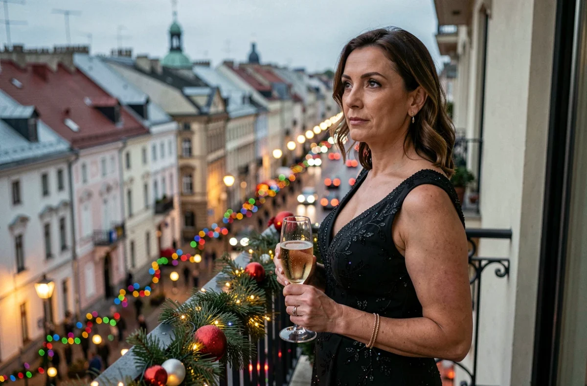 Femme élégante sur un balcon urbain observant les festivités de rue en contrebas