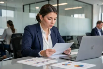 Femme cadre en entreprise consultant des documents financiers pour comparer les salaires par secteur d'activité