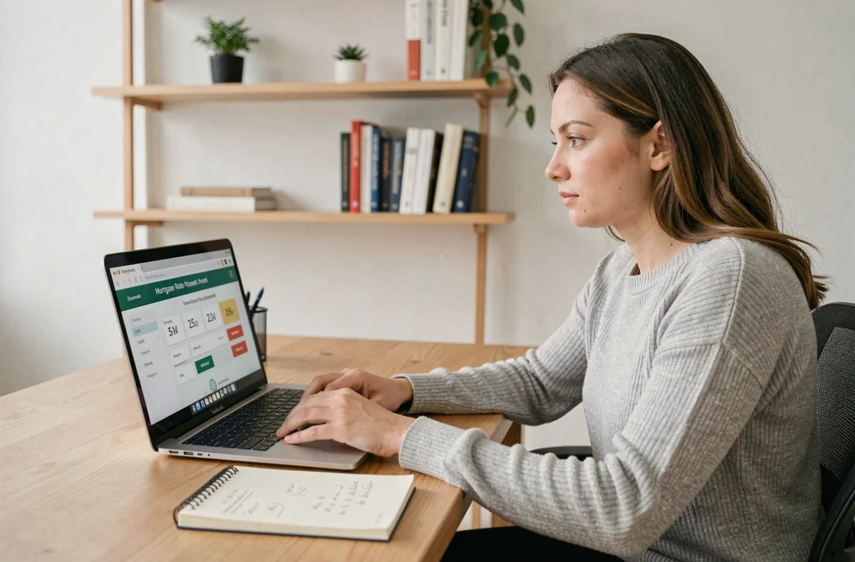 Femme consultant un calculateur de taux hypothécaires sur un ordinateur portable dans un bureau à domicile
