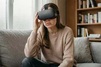 Femme portant un casque VR avec une expression d'inconfort et de désorientation dans un salon moderne