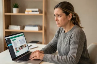 Femme utilisant ChatGPT sur un ordinateur portable et s'interrogeant sur la conservation de ses fichiers