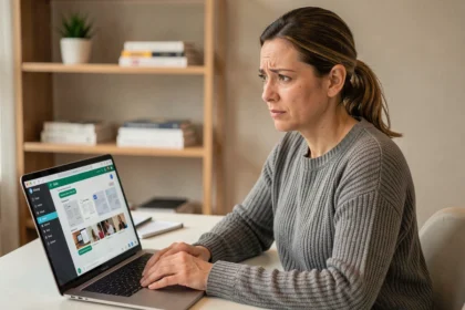 Femme utilisant ChatGPT sur un ordinateur portable et s'interrogeant sur la conservation de ses fichiers