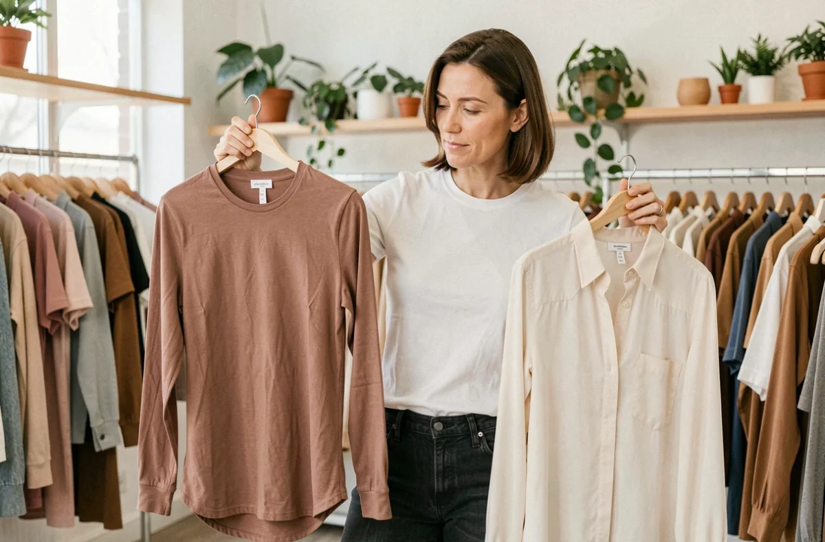 Femme comparant une chemise en coton et un chemisier en viscose dans une boutique de vêtements