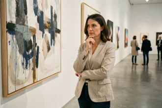 Femme contemplant une peinture abstraite dans un musée d'art contemporain, illustrant l'influence émotionnelle de l'art