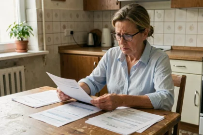 Femme consultant des documents de demande de logement social à sa table de cuisine