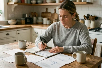 Femme de 40 ans qui examine ses relevés bancaires et planifie son épargne à la table de sa cuisine