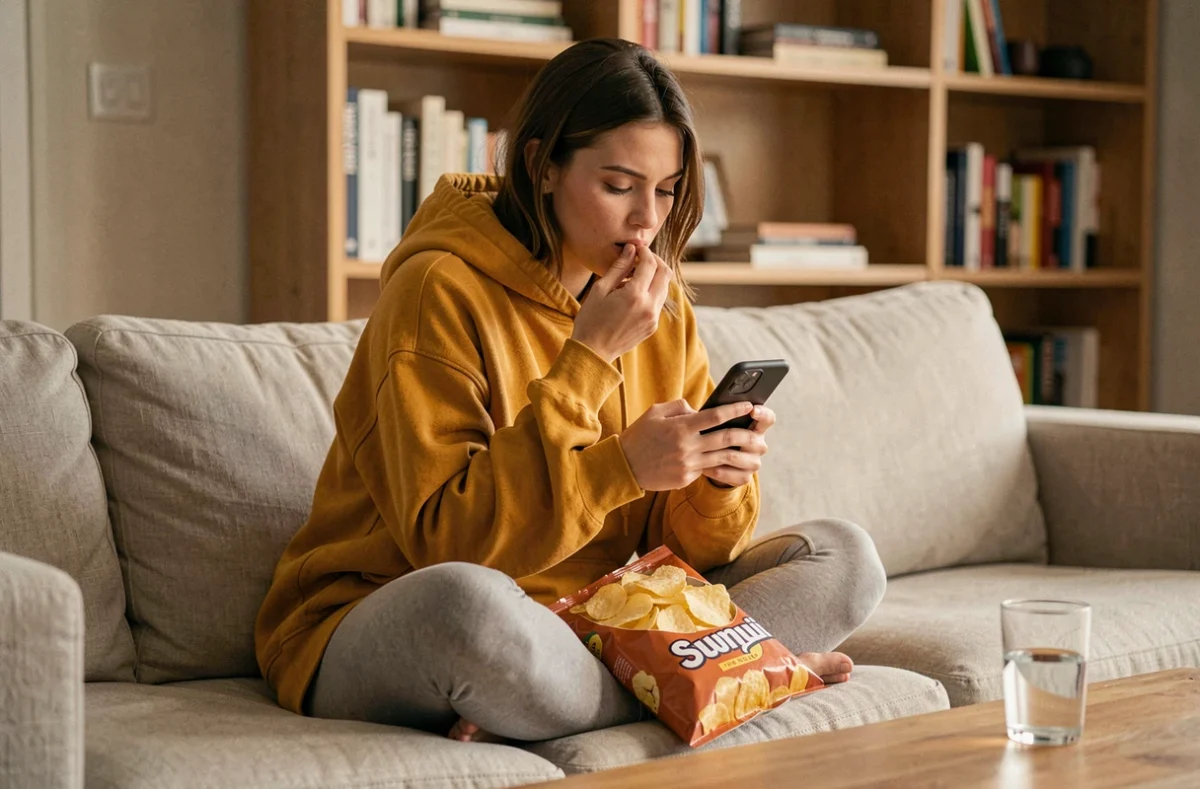 Jeune femme grignotant des chips distraitement sur un canapé en regardant son téléphone, illustrant l'envie de manger par ennui ou habitude