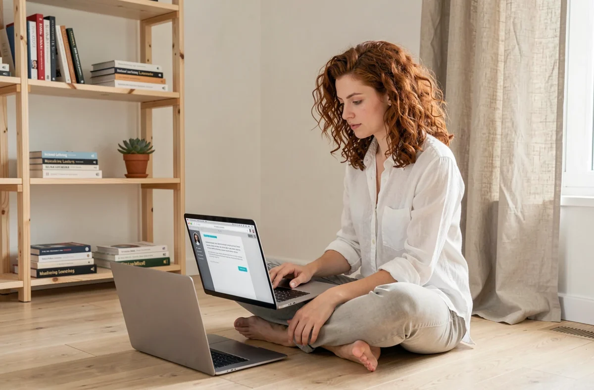 Jeune femme interagissant avec une interface de modèle de langage LLM sur un ordinateur portable dans un espace de travail minimaliste à domicile