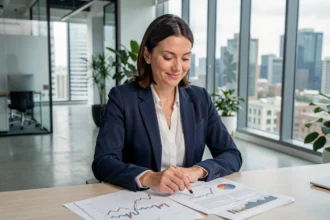 Femme cadre analysant des graphiques financiers dans un bureau moderne pour illustrer les avantages de l'investissement