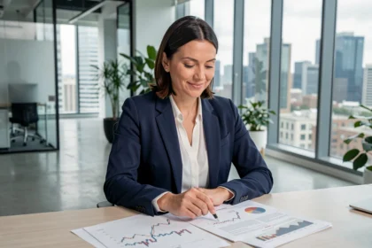 Femme cadre analysant des graphiques financiers dans un bureau moderne pour illustrer les avantages de l'investissement