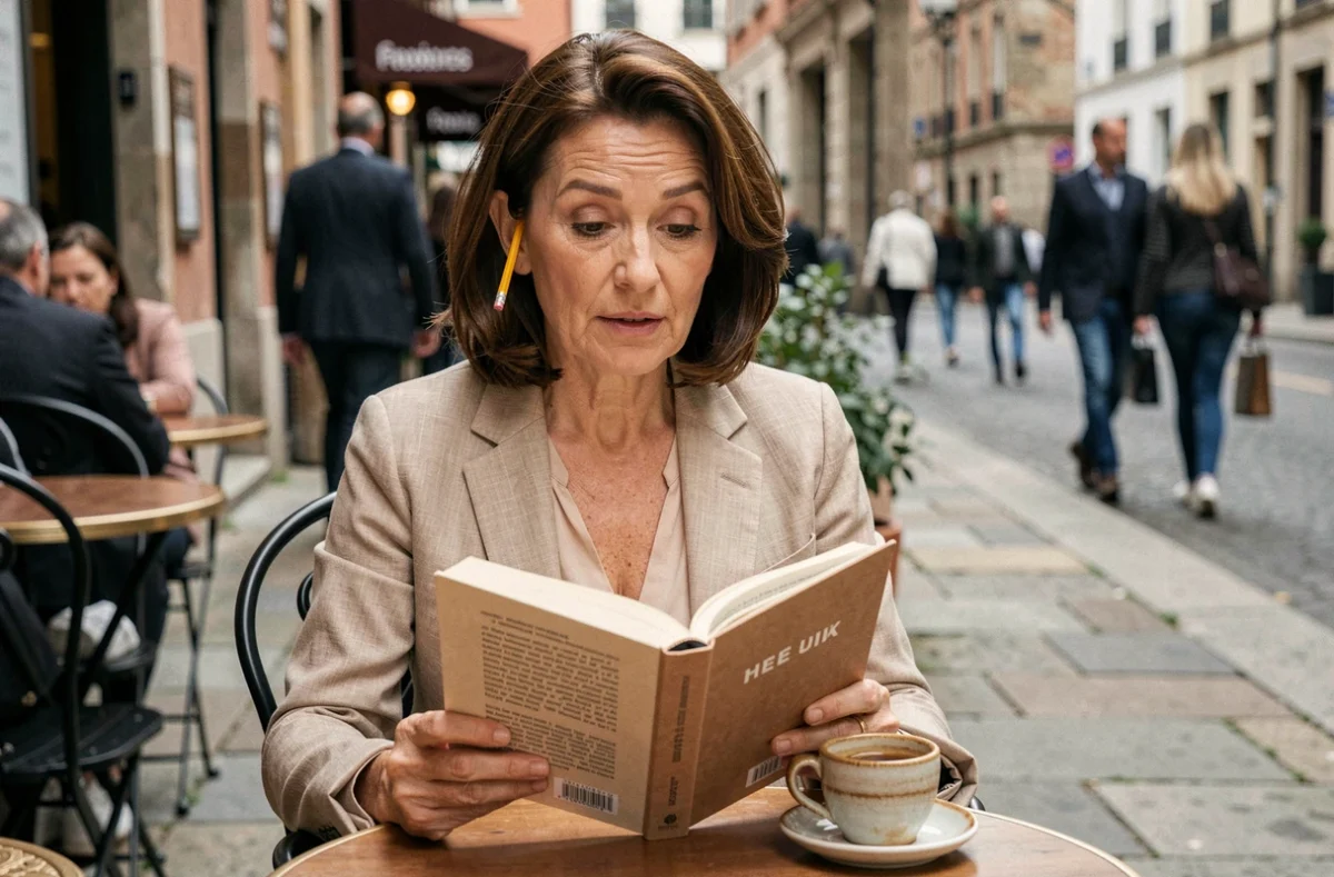 Femme mature qui s'instruit seule en lisant un livre dans un café en terrasse urbaine