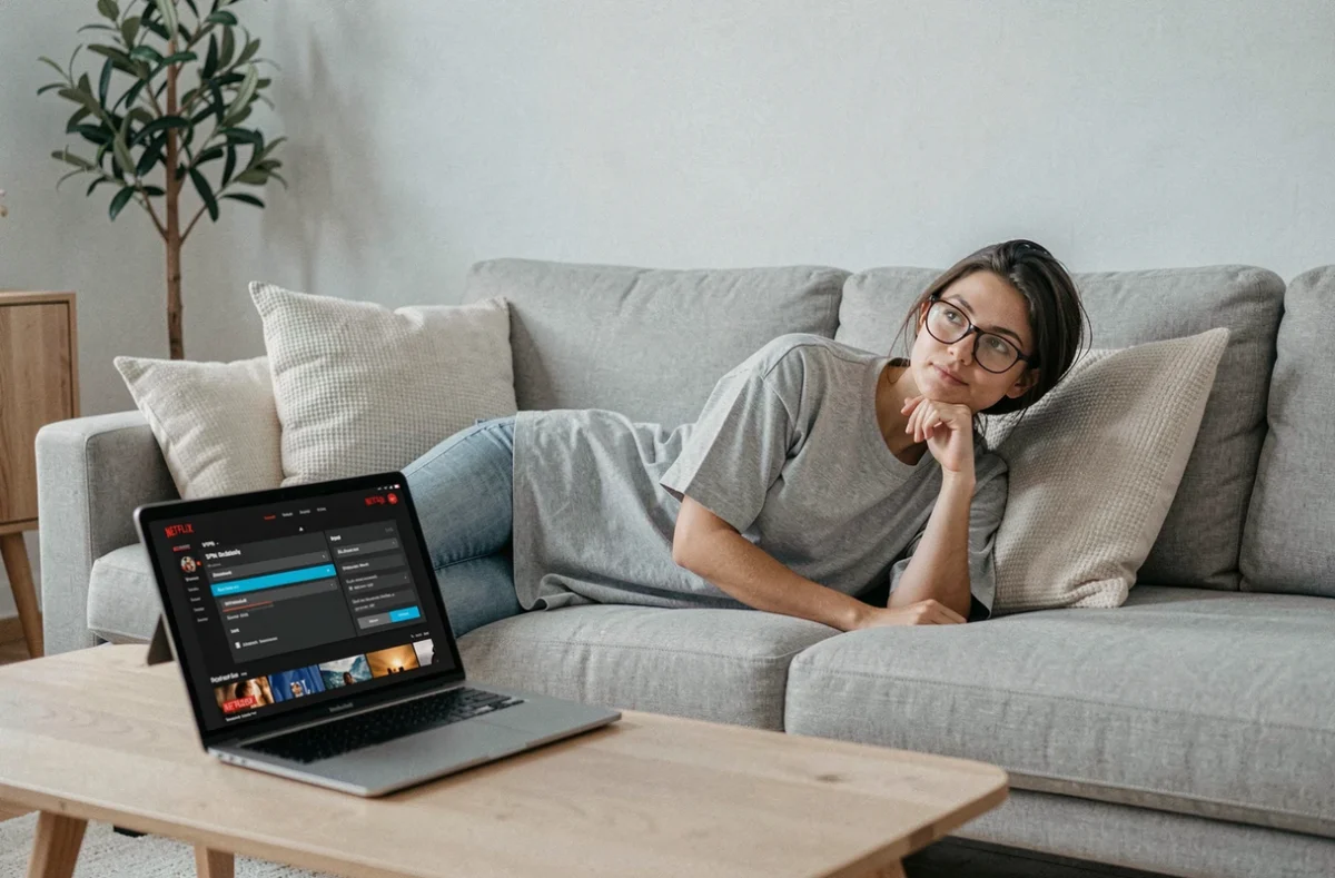Femme regardant Netflix sur une tablette tout en configurant un VPN sur son ordinateur dans son salon