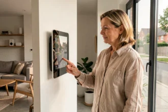 Femme utilisant un panneau de commande domotique intelligent dans un salon moderne et minimaliste