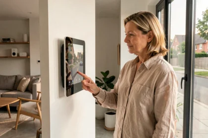 Femme utilisant un panneau de commande domotique intelligent dans un salon moderne et minimaliste