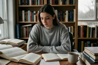 Femme pensive et fatiguée assise à un bureau encombré de livres, illustrant le lien entre intelligence et dépression
