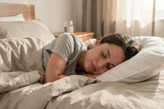 Femme adulte dormant paisiblement dans une chambre moderne, illustrant l'importance du sommeil profond et réparateur