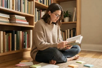 Femme autodidacte lisant seule entourée de livres dans une bibliothèque personnelle cosy