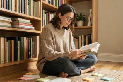 Femme autodidacte lisant seule entourée de livres dans une bibliothèque personnelle cosy