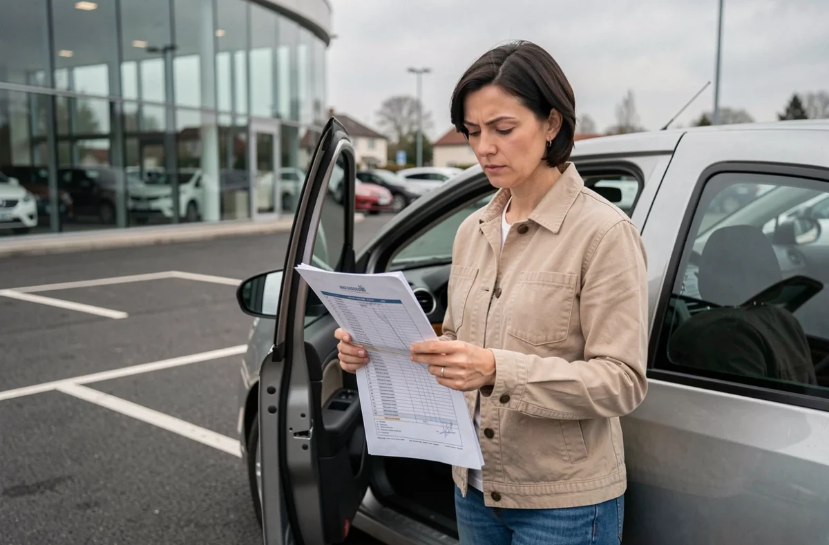 Femme consultant un rapport d'historique de véhicule lors de l'achat d'une voiture d'occasion