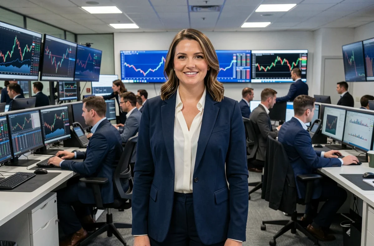 Femme trader en blazer marine debout sur un plateau de trading bancaire entouré d'écrans d'analyse financière et de collègues en activité