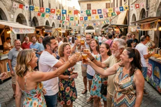 Groupe d'adultes en fête lors d'un festival de rue estival en place de village européen