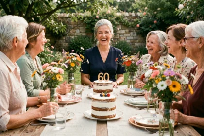 Femme de 60 ans souriante entourée d'amis lors d'une fête d'anniversaire originale en plein air avec décoration vintage et gâteau d'anniversaire