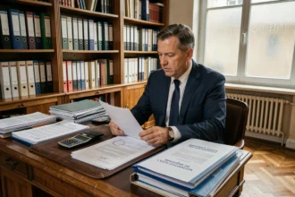 Administrateur scolaire analysant le budget de l'éducation nationale française dans un bureau officiel