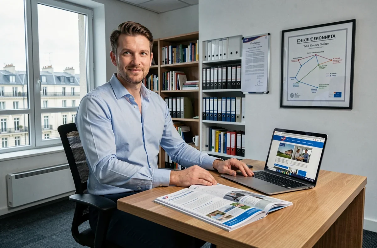 Homme consultant des brochures de formation SNCF sur un bureau avec un diplôme encadré au mur