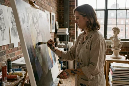 Artiste peintre dans son atelier entouré de multiples formes d'art : peinture, sculpture et dessin