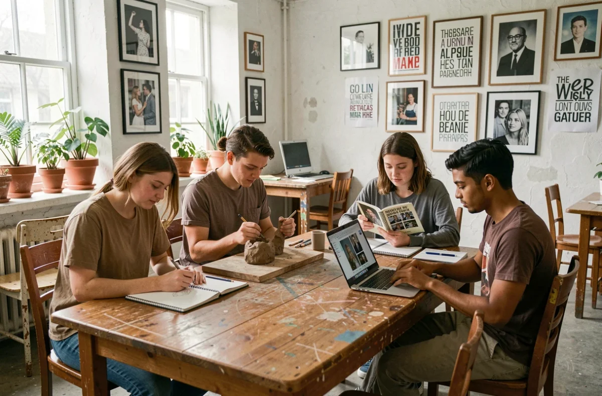 Groupe de jeunes artistes pratiquant différentes formes d'art autour d'une table dans un centre culturel communautaire