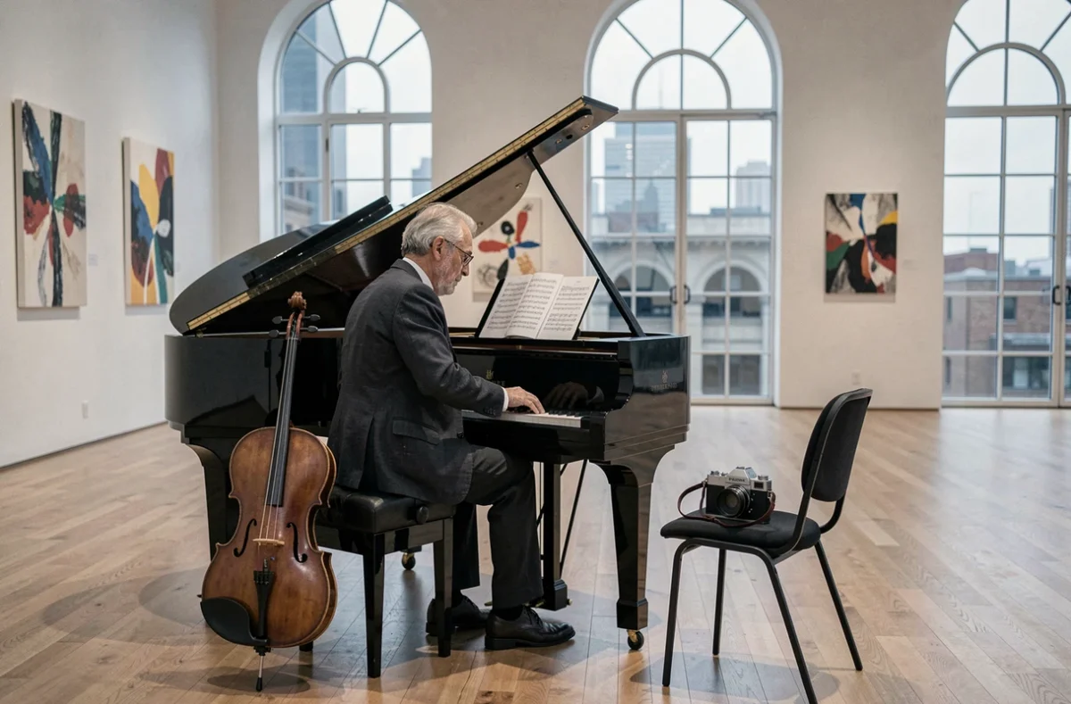 Musicien au piano dans une salle de concert avec des instruments et des œuvres d'art représentant différentes formes artistiques