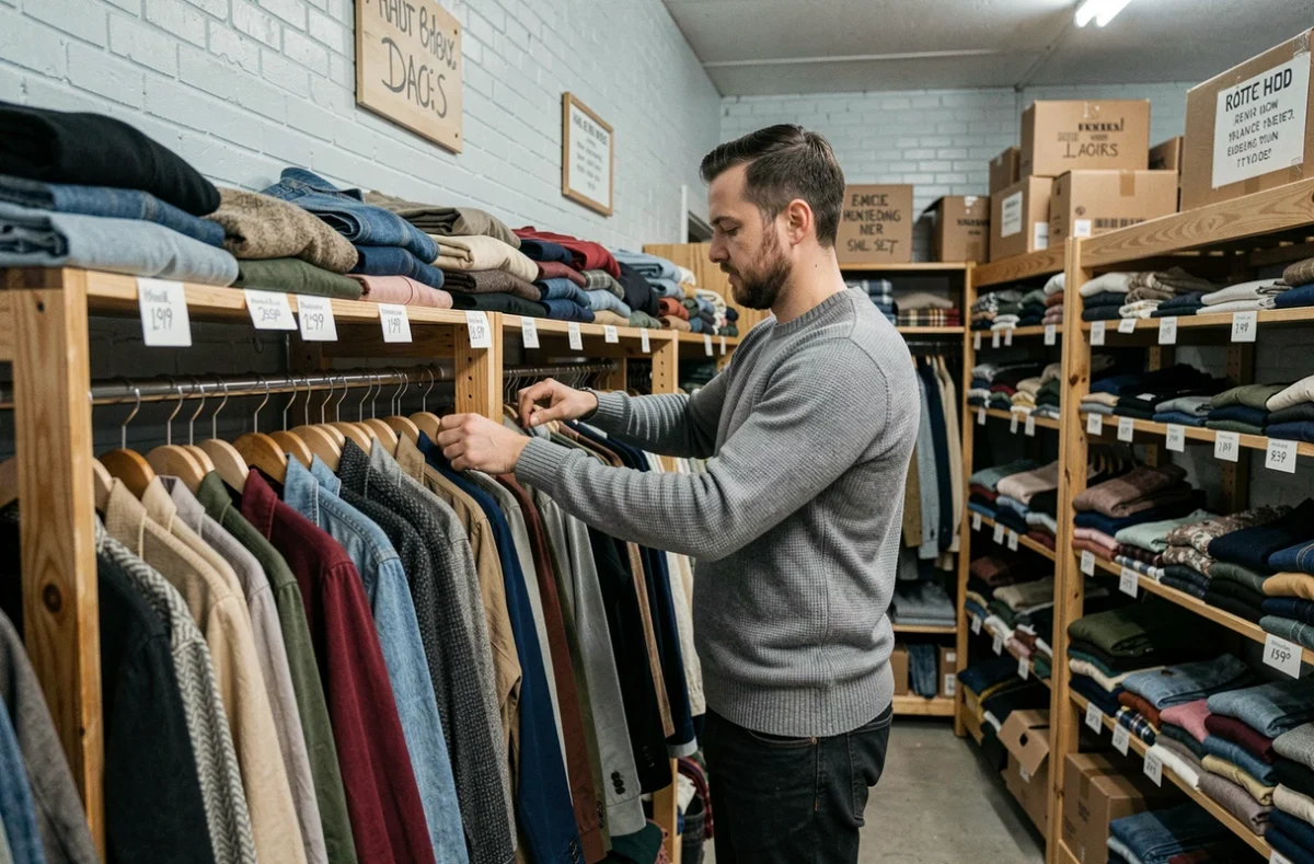 Homme triant des vêtements de seconde main dans une boutique de friperie vintage