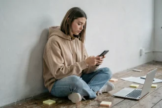 Jeune femme de la génération Z désengagée, assise par terre avec son smartphone, illustrant le désintérêt pour le travail traditionnel