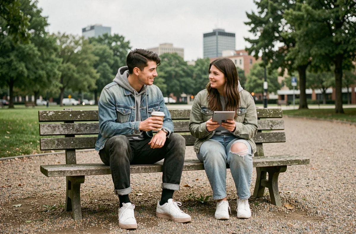 Deux jeunes adultes de la génération Z en pause dans un parc urbain, préférant la liberté et la flexibilité au travail en entreprise