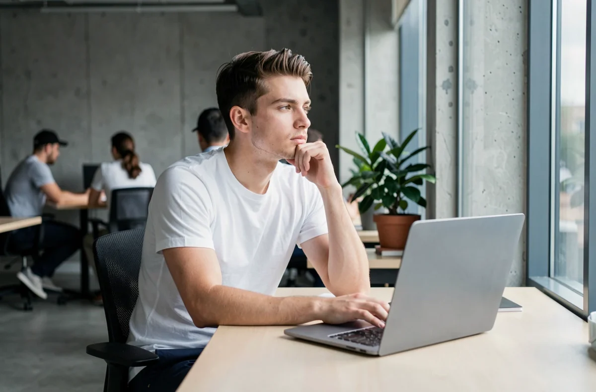 Jeune homme de la génération Z distrait dans un espace de coworking, symbolisant la démotivation au travail en open space